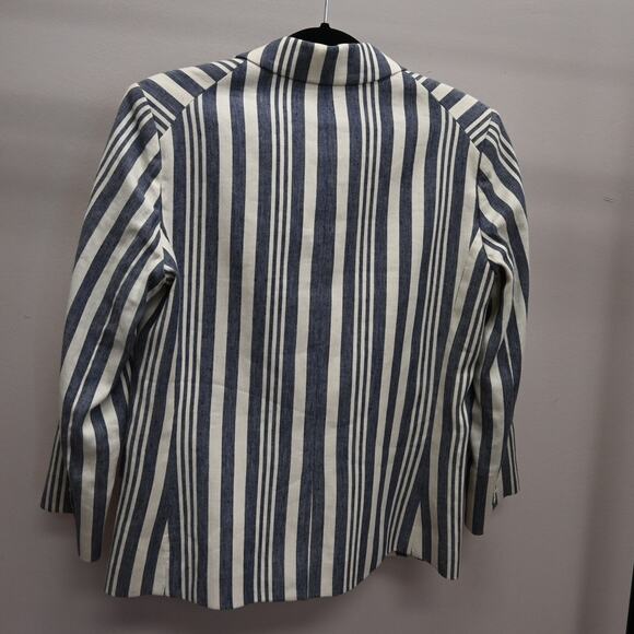 Veronica Beard Millar Blazer Size Medium Blue Cream Striped Linen Blend - Picture 3 of 11